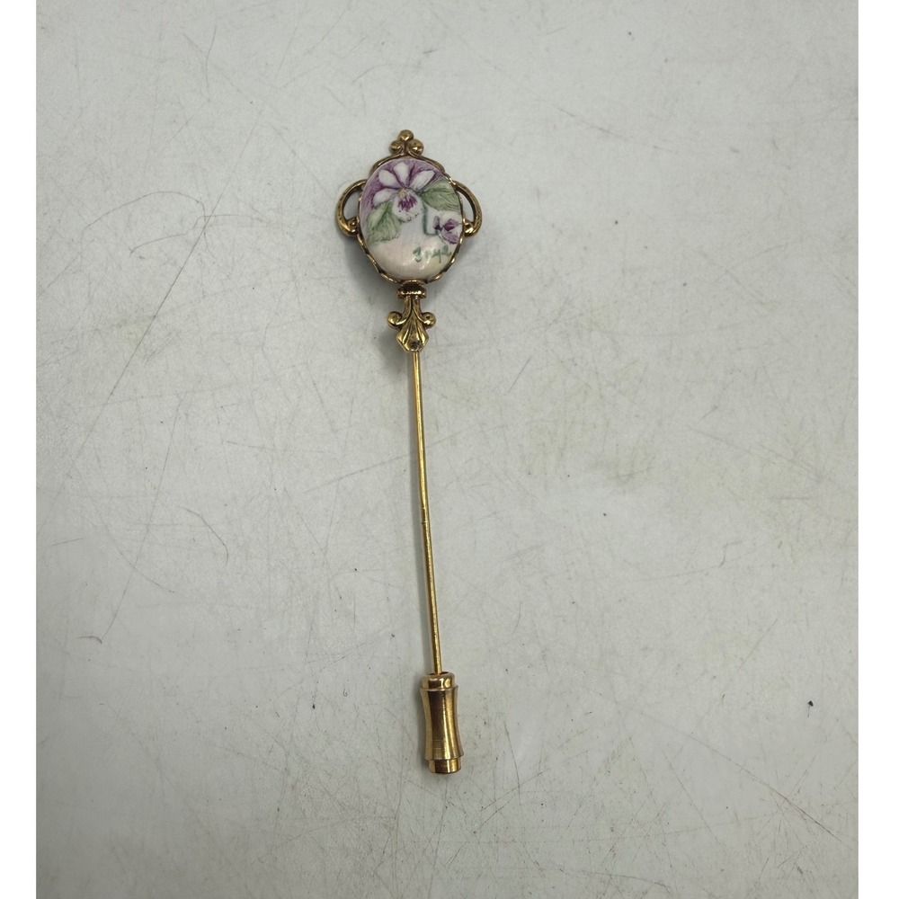 Vintage Hand Painted Porcelain Violet Flower Gold Tone Filigree Stick Pin